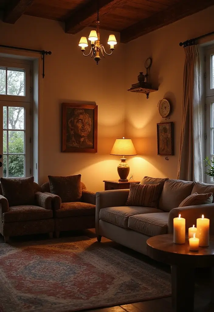 29 Rustic Green Living Room Ideas That Feel Natural and Warm - 16. Layered Lighting