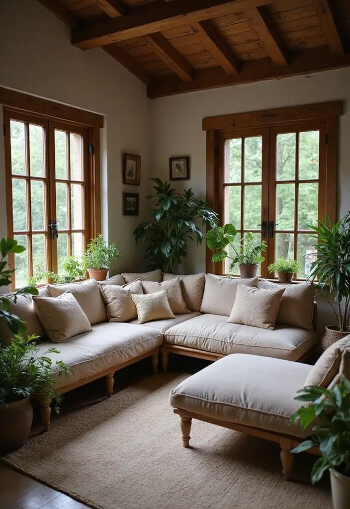 29 Rustic Green Living Room Ideas That Feel Natural and Warm - 17. Cozy Corner Sofa