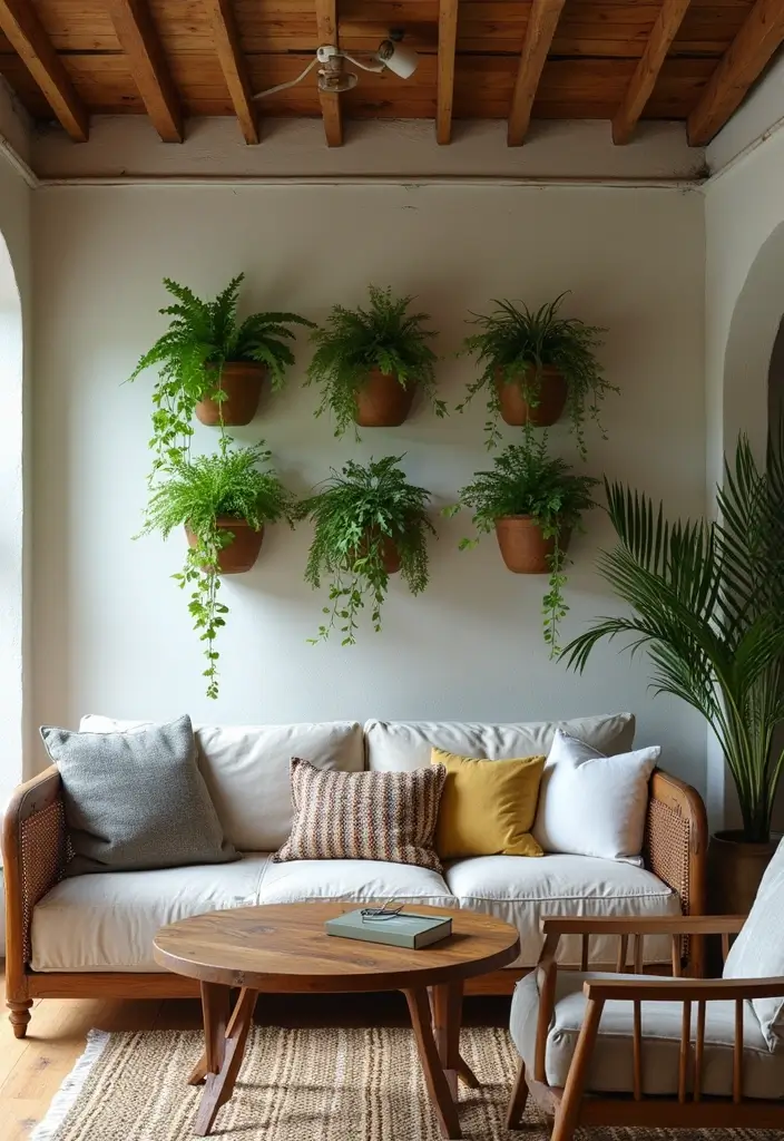 29 Rustic Green Living Room Ideas That Feel Natural and Warm - 18. Wall-Mounted Planters