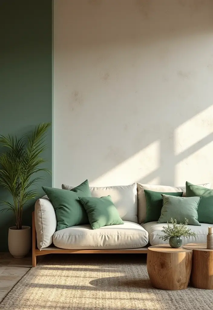 29 Rustic Green Living Room Ideas That Feel Natural and Warm - 19. Neutral Accent Walls