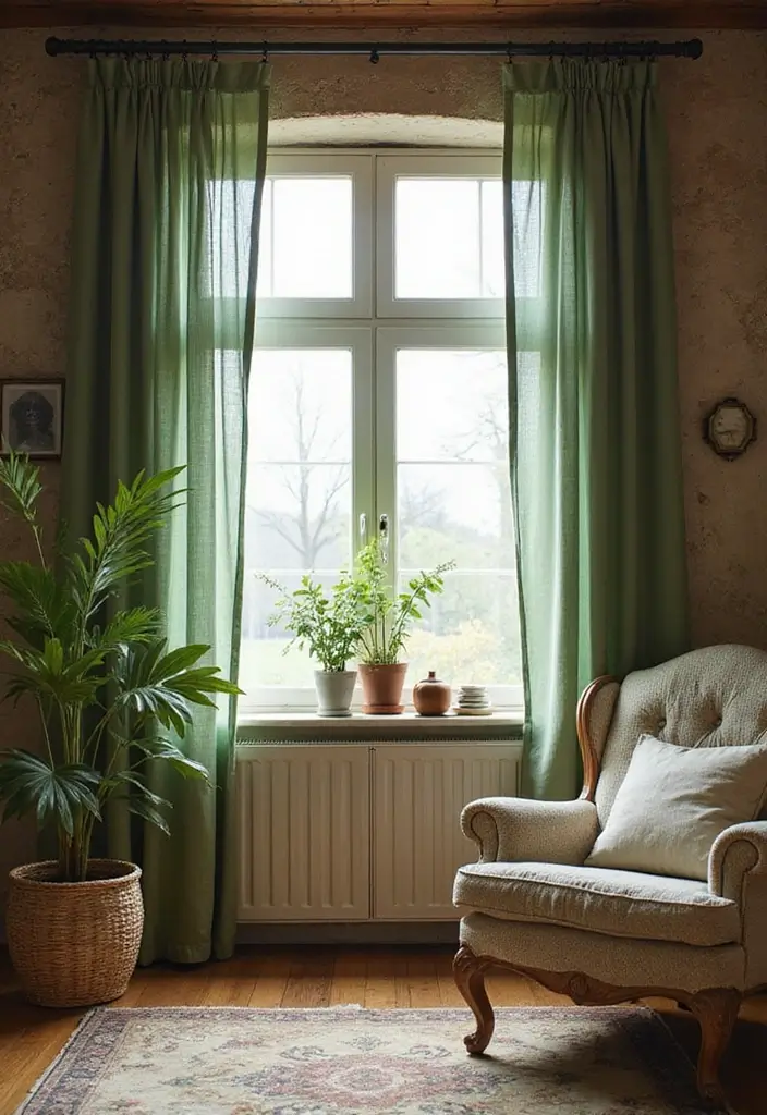 29 Rustic Green Living Room Ideas That Feel Natural and Warm - 21. Sustainable Fabrics in Curtains