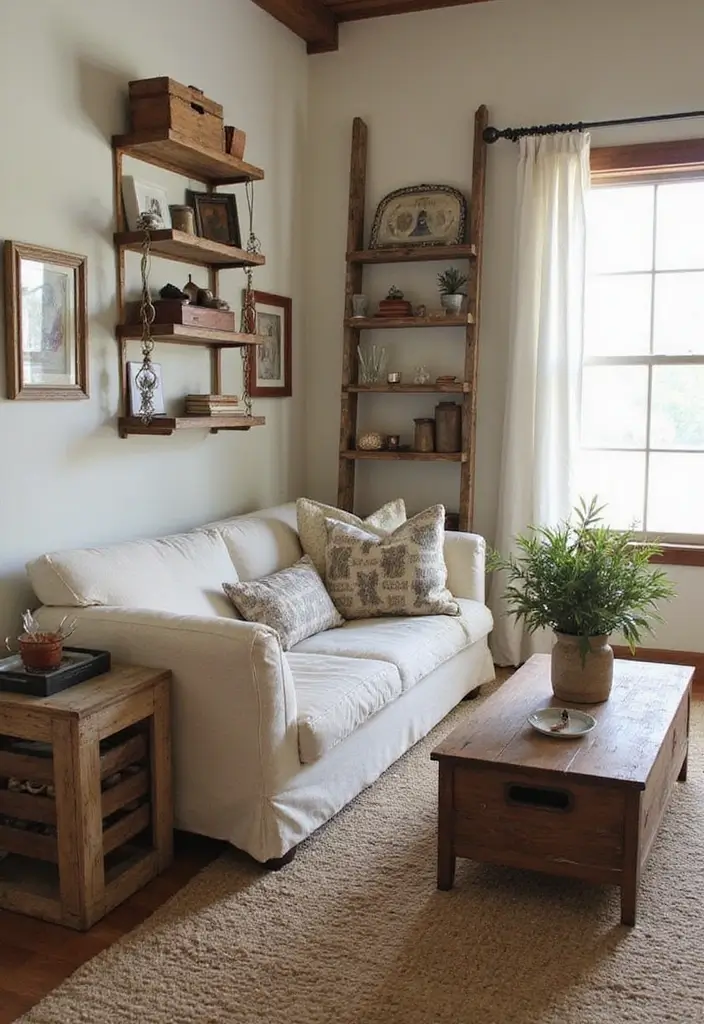 29 Rustic Green Living Room Ideas That Feel Natural and Warm - 22. Repurposed Items