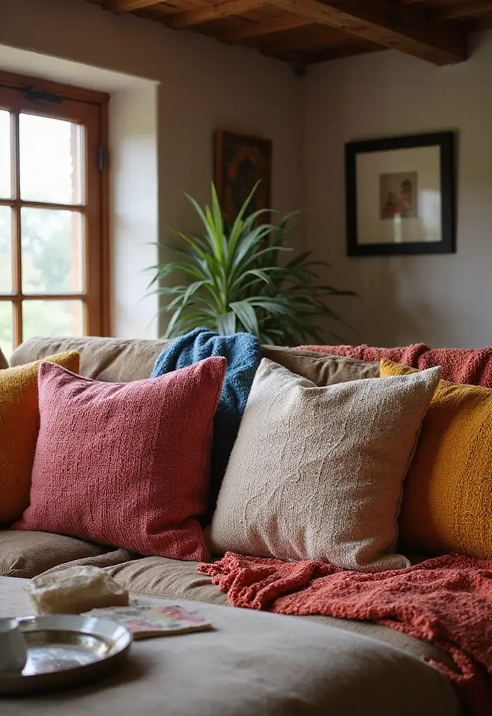 29 Rustic Green Living Room Ideas That Feel Natural and Warm - 24. Colorful Throw Pillows