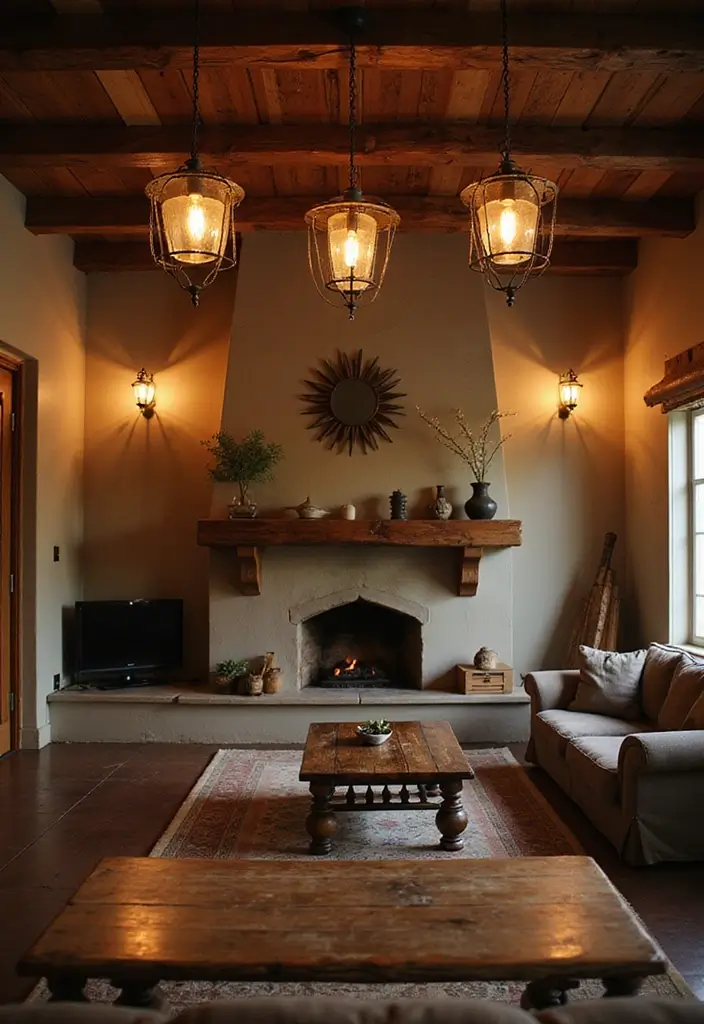 29 Rustic Green Living Room Ideas That Feel Natural and Warm - 25. Warm Lighting Fixtures