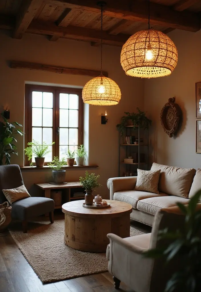 29 Rustic Green Living Room Ideas That Feel Natural and Warm - 8. Sustainable Lighting