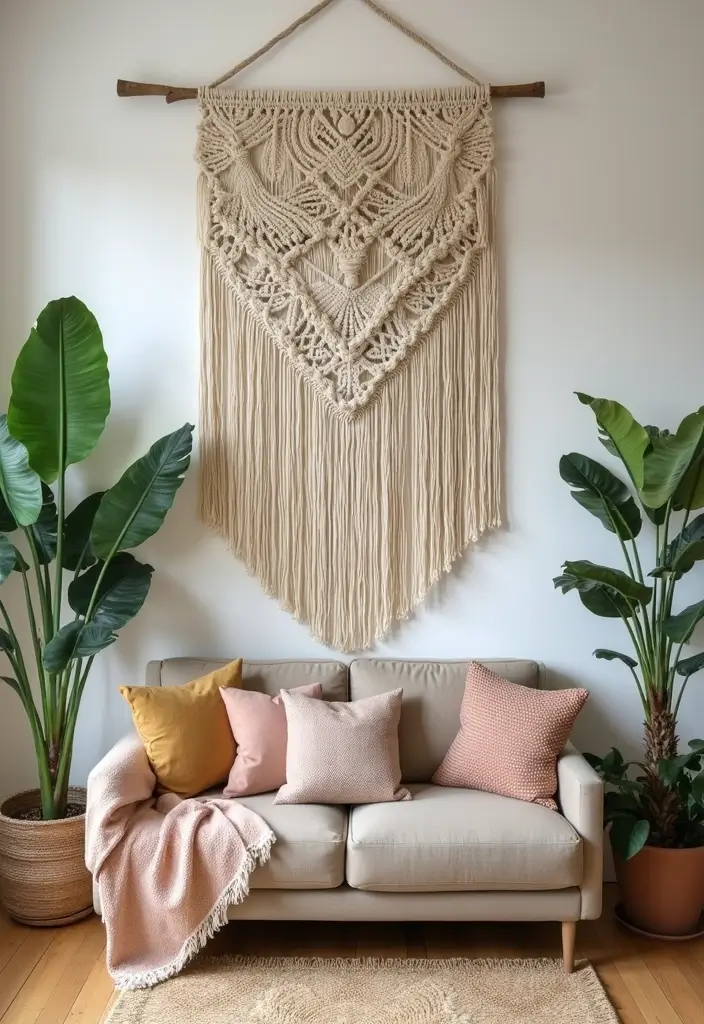 29 Small Living Room Wall Decor Ideas That Add Visual Interest - 1. Boho Macramé Wall Hanging