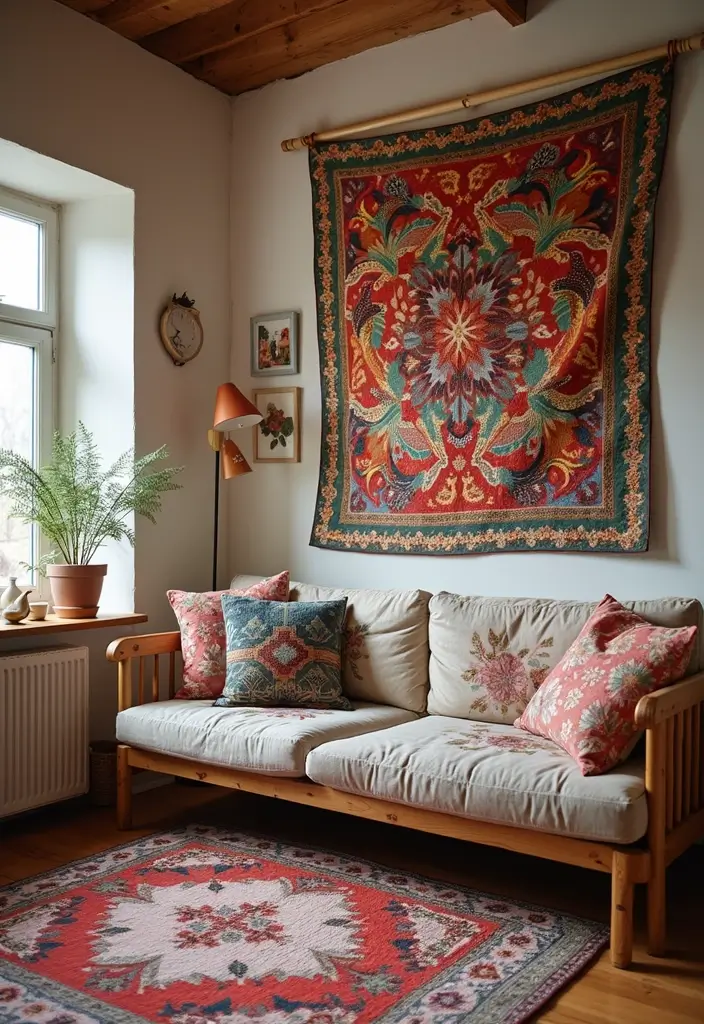 29 Small Living Room Wall Decor Ideas That Add Visual Interest - 12. Bohemian Quilt or Throw on the Wall