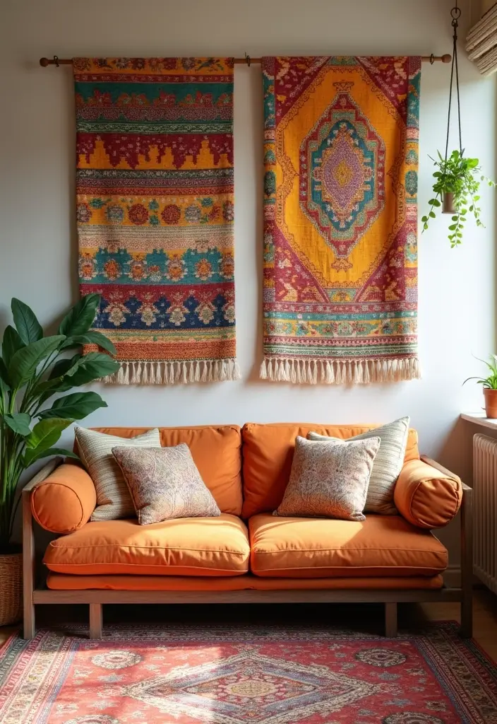 29 Small Living Room Wall Decor Ideas That Add Visual Interest - 14. Colorful Fabric Wall Hangings