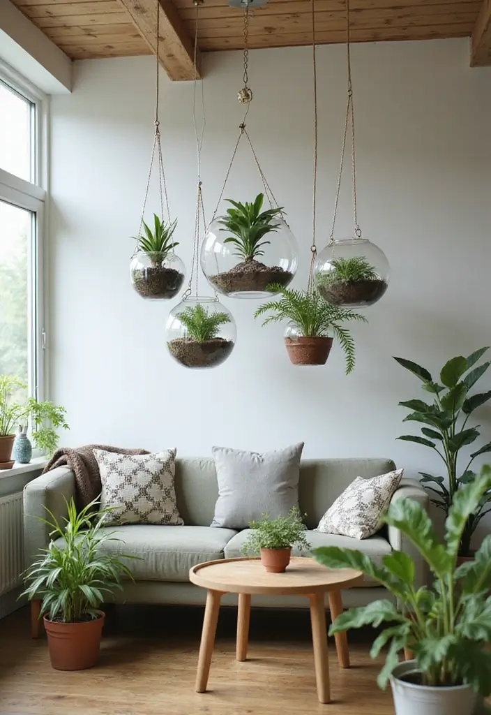 29 Small Living Room Wall Decor Ideas That Add Visual Interest - 17. Hanging Terrarium Garden