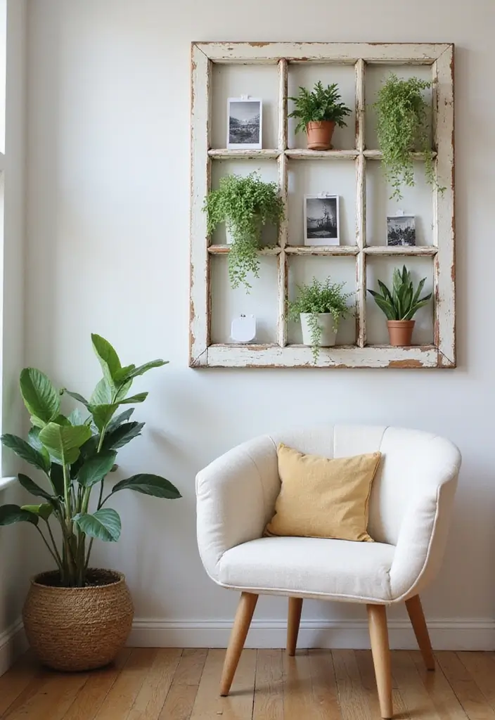29 Small Living Room Wall Decor Ideas That Add Visual Interest - 19. Vintage Window Frame Decor