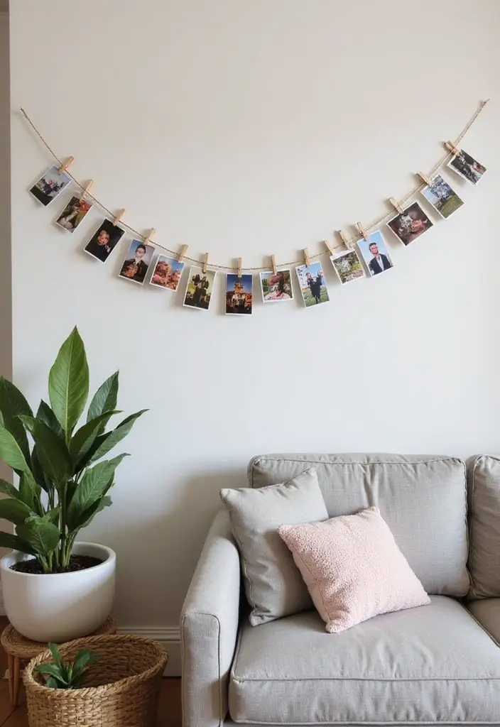 29 Small Living Room Wall Decor Ideas That Add Visual Interest - 20. DIY Clothespin Picture Display