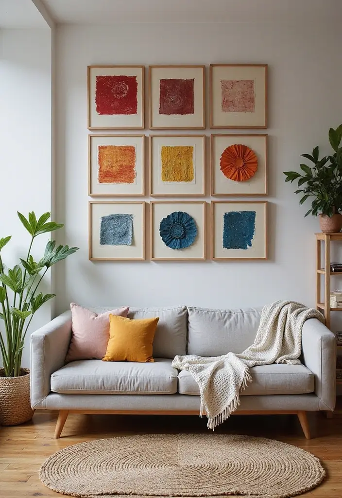 29 Small Living Room Wall Decor Ideas That Add Visual Interest - 24. Fabric Swatch Collection