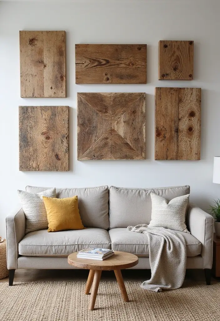 29 Small Living Room Wall Decor Ideas That Add Visual Interest - 25. Reclaimed Wood Art Pieces