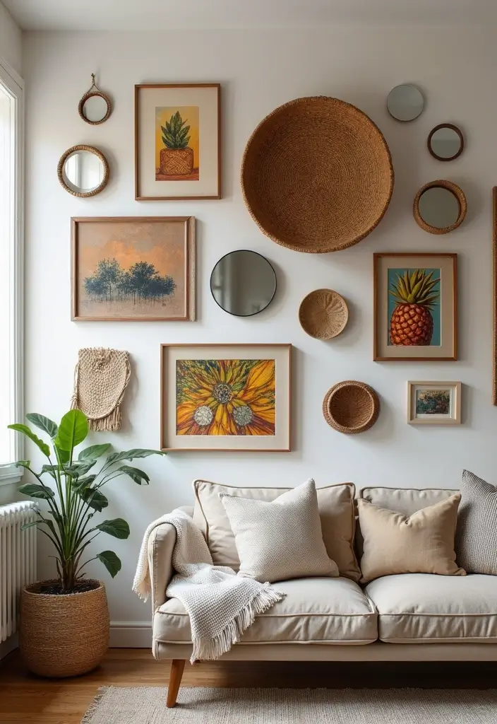 29 Small Living Room Wall Decor Ideas That Add Visual Interest - 4. Eclectic Art Installation