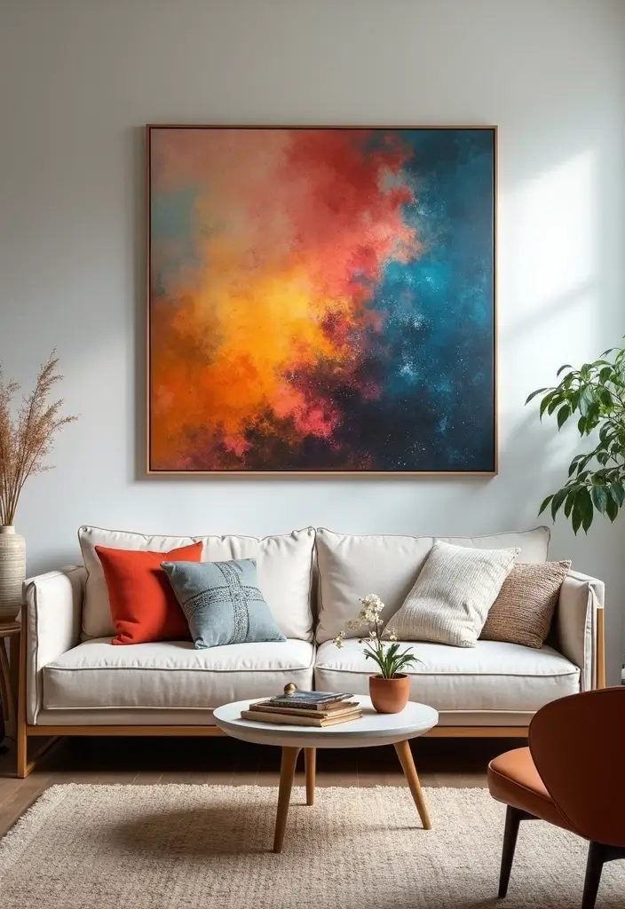 29 Small Living Room Wall Decor Ideas That Add Visual Interest - 5. Oversized Canvas Art