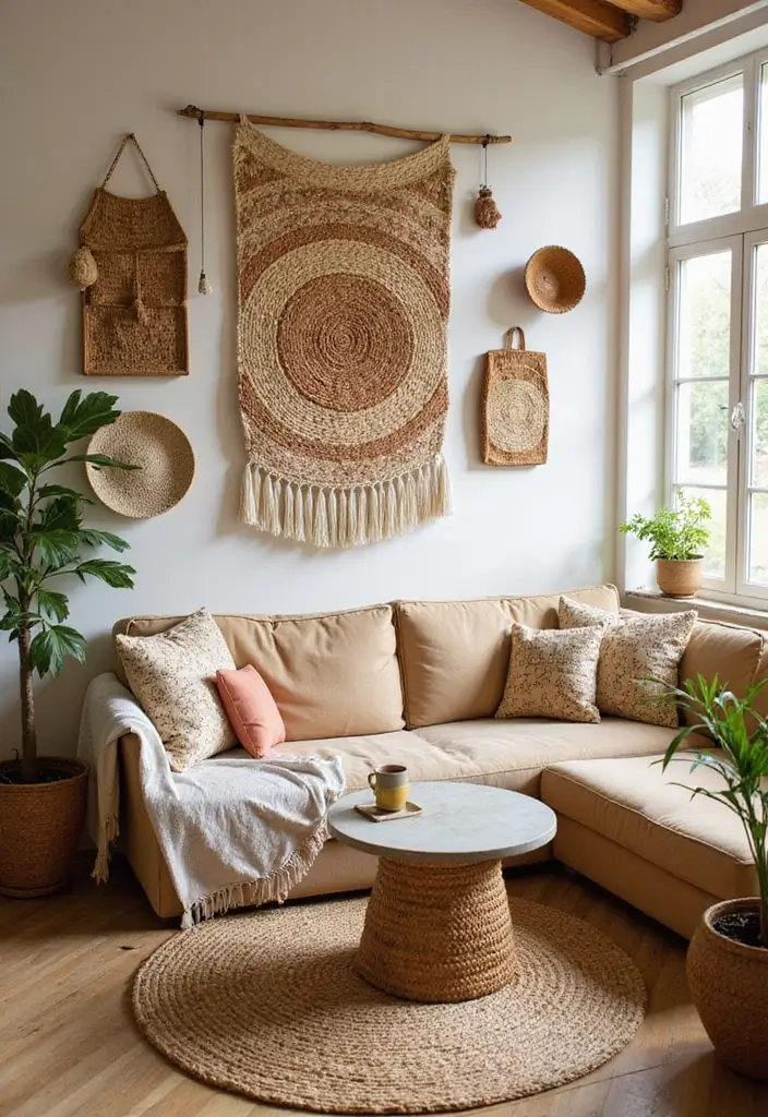 29 Small Living Room Wall Decor Ideas That Add Visual Interest - 6. Woven Wall Art