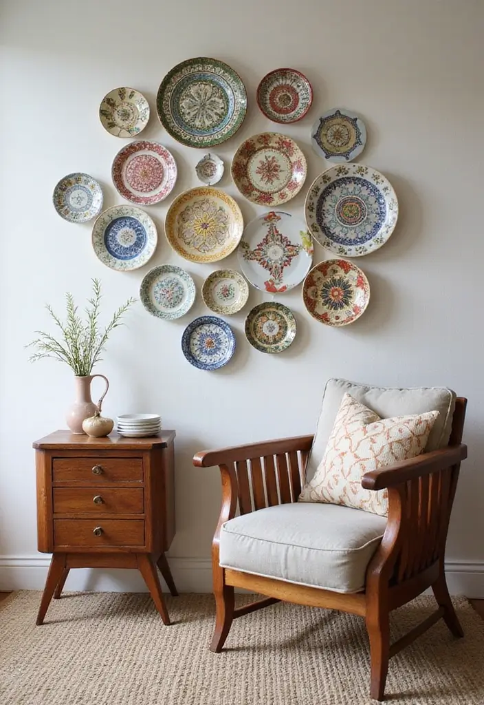29 Small Living Room Wall Decor Ideas That Add Visual Interest - 8. Vintage Plate Display