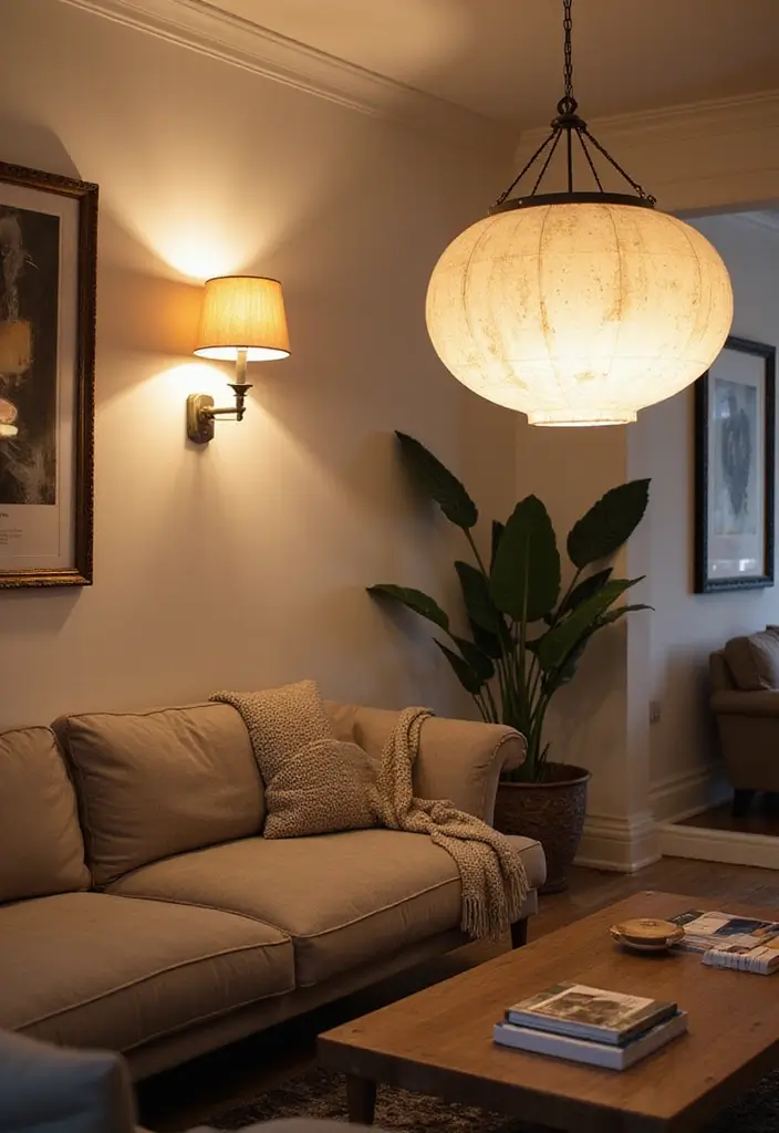 29 Small Living Room Wall Decor Ideas That Add Visual Interest - 9. Statement Lighting on the Wall