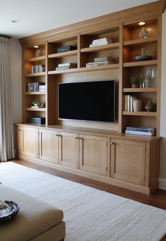 29 TV Wall Ideas Living Room Floating Shelves That Look Sleek and Organized - 11. Custom Built-Ins