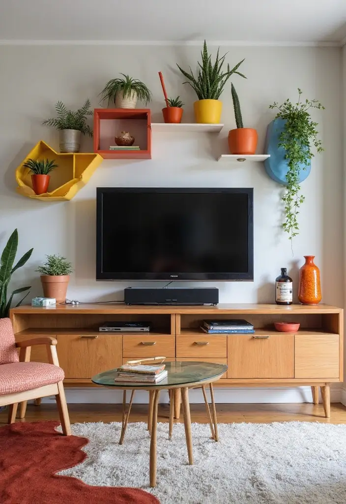 29 TV Wall Ideas Living Room Floating Shelves That Look Sleek and Organized - 13. Fun With Shapes