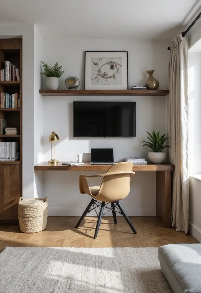 29 TV Wall Ideas Living Room Floating Shelves That Look Sleek and Organized - 15. Floating Desk Combo