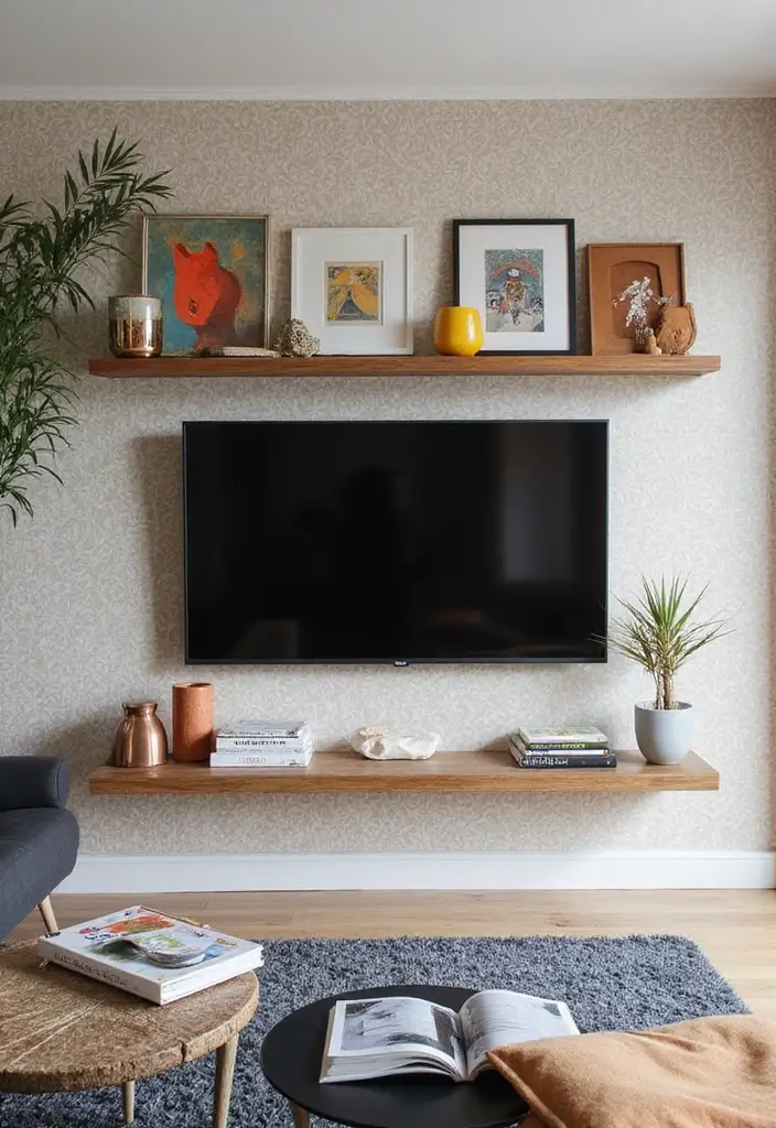 29 TV Wall Ideas Living Room Floating Shelves That Look Sleek and Organized - 17. Geometric Patterns
