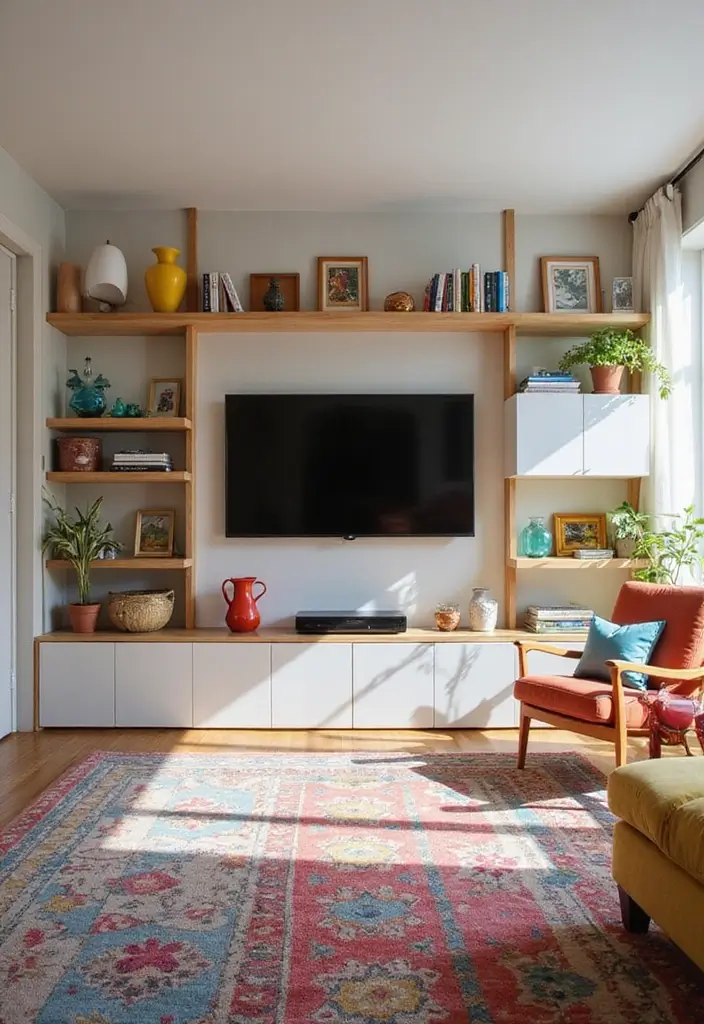 29 TV Wall Ideas Living Room Floating Shelves That Look Sleek and Organized - 18. Bright and Bold Accents