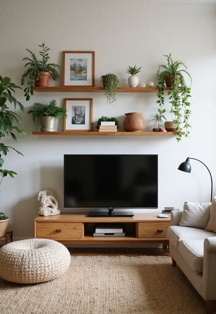 29 TV Wall Ideas Living Room Floating Shelves That Look Sleek and Organized - 19. Bohemian Accents