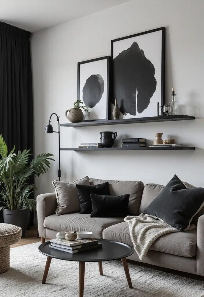 29 TV Wall Ideas Living Room Floating Shelves That Look Sleek and Organized - 20. Classy Black and White