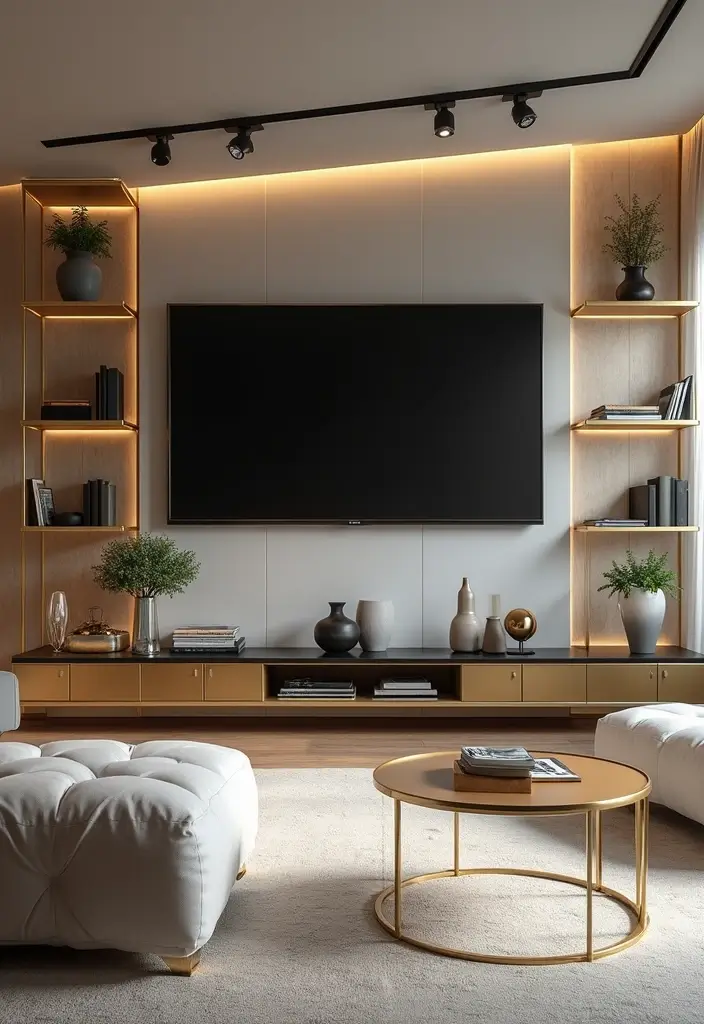 29 TV Wall Ideas Living Room Floating Shelves That Look Sleek and Organized - 22. Silver & Gold Accents
