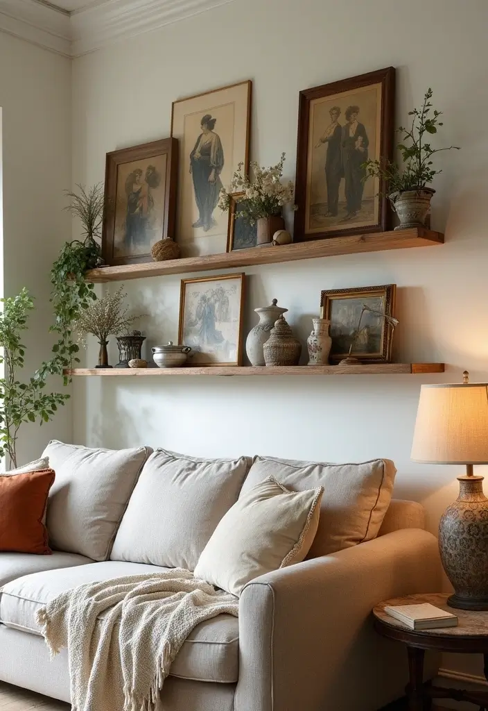 29 TV Wall Ideas Living Room Floating Shelves That Look Sleek and Organized - 25. Vintage Finds