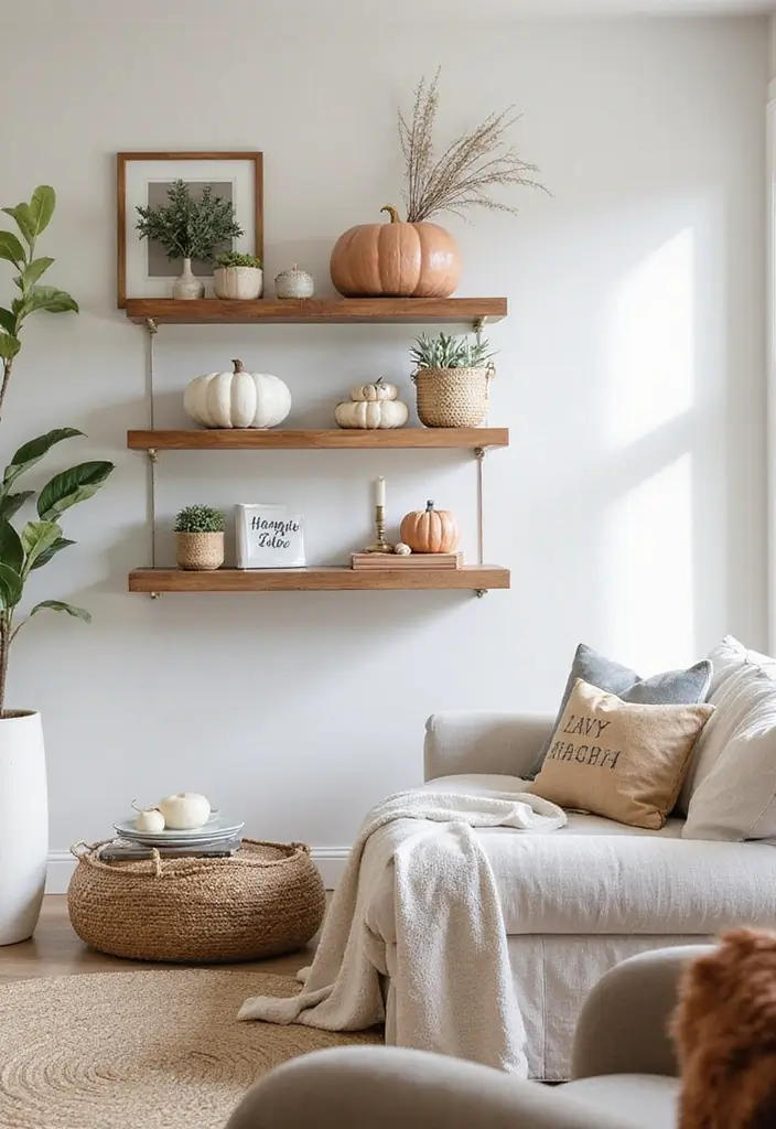 29 TV Wall Ideas Living Room Floating Shelves That Look Sleek and Organized - 27. Seasonal Decor Rotation