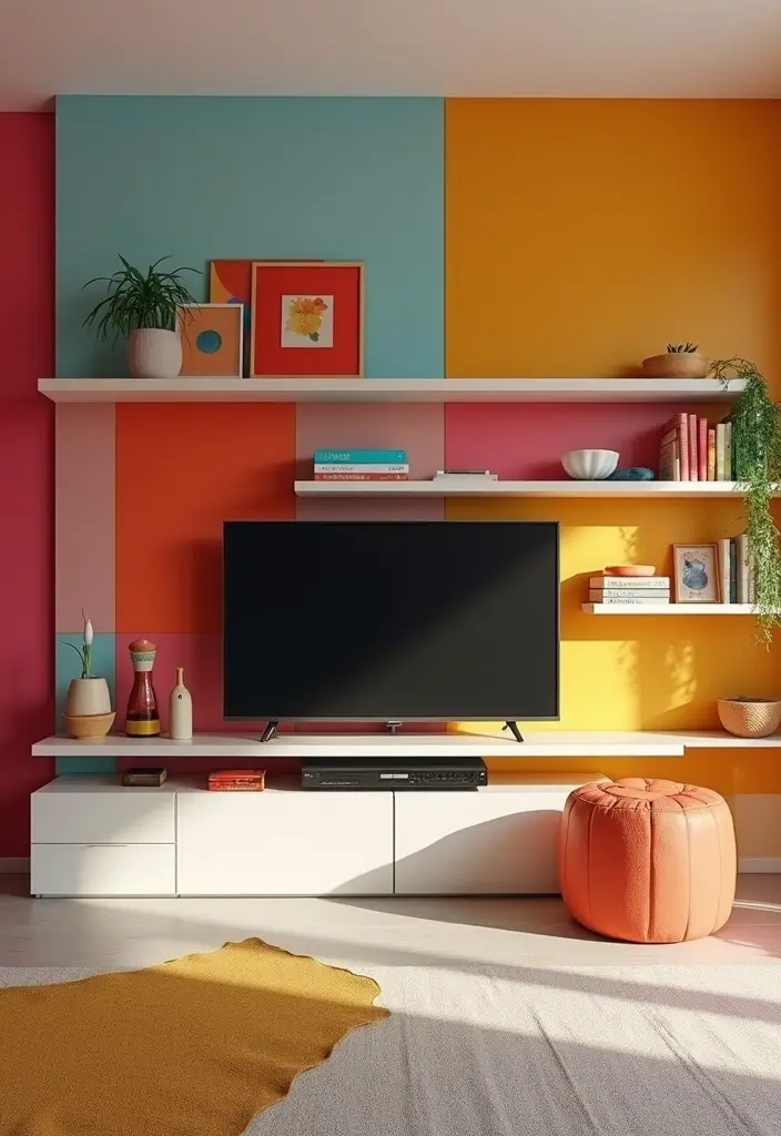 29 TV Wall Ideas Living Room Floating Shelves That Look Sleek and Organized - 5. Color Blocked Fun