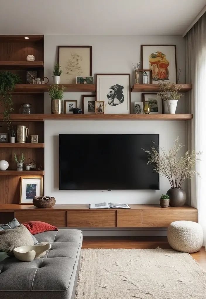 29 TV Wall Ideas Living Room Floating Shelves That Look Sleek and Organized - 6. Floating Shelf Gallery