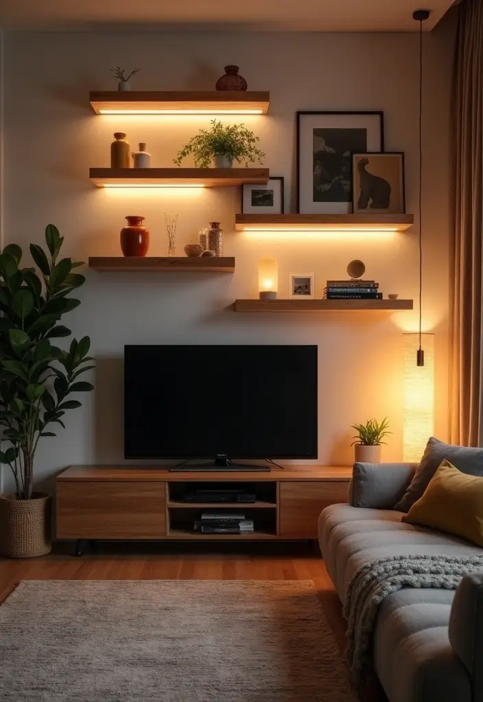 29 TV Wall Ideas Living Room Floating Shelves That Look Sleek and Organized - 7. Statement Lighting