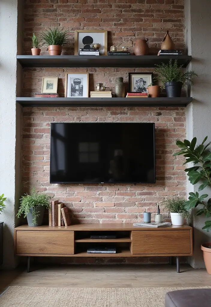 29 TV Wall Ideas Living Room Floating Shelves That Look Sleek and Organized - 9. Industrial Vibes