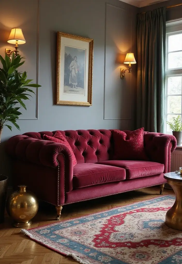 29 Tufted Sofa Living Room Ideas That Feel Plush and Elegant - 1. Vintage Glamour with Velvet Tufting