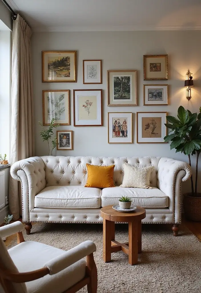 29 Tufted Sofa Living Room Ideas That Feel Plush and Elegant - 10. Eclectic Mix with Curated Decor