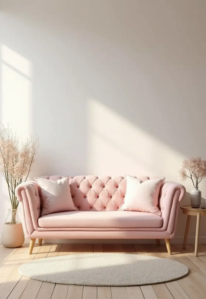 29 Tufted Sofa Living Room Ideas That Feel Plush and Elegant - 11. Feminine Touch with Soft Pastels