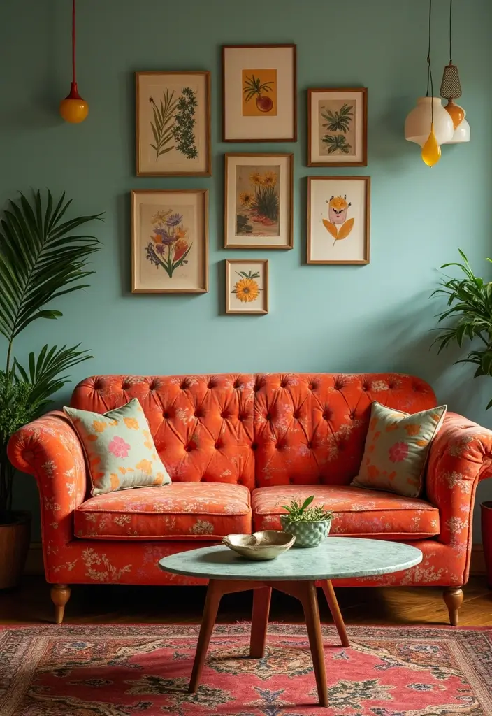 29 Tufted Sofa Living Room Ideas That Feel Plush and Elegant - 12. Retro Revival with Bold Colors