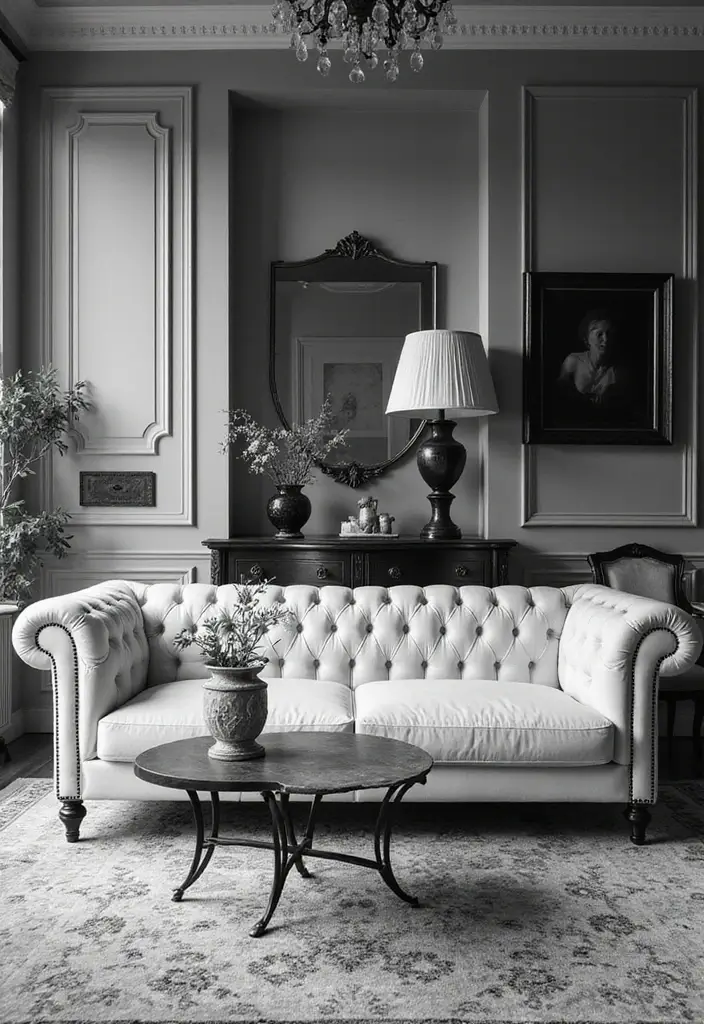 29 Tufted Sofa Living Room Ideas That Feel Plush and Elegant - 16. Classic Elegance with Monochrome