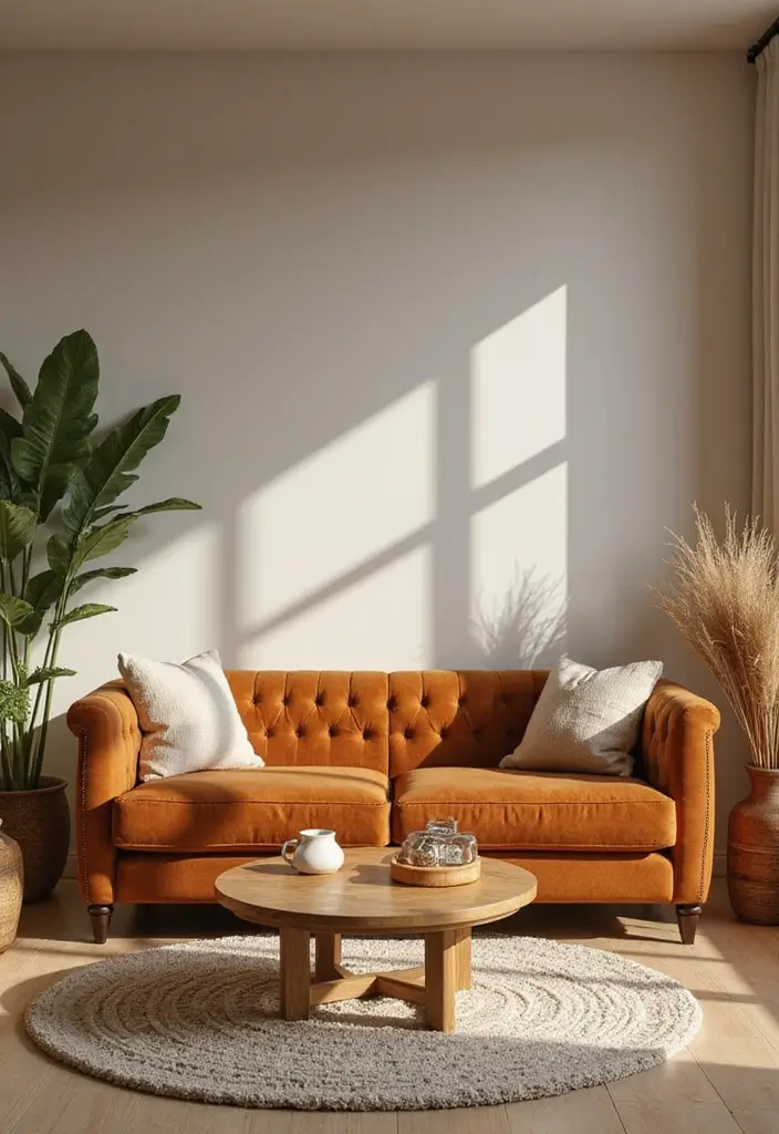 29 Tufted Sofa Living Room Ideas That Feel Plush and Elegant - 17. Earthy Tones for a Warm Retreat