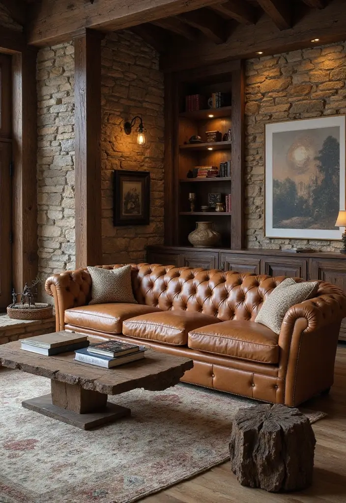 29 Tufted Sofa Living Room Ideas That Feel Plush and Elegant - 19. Rustic Elegance with Tufted Leather