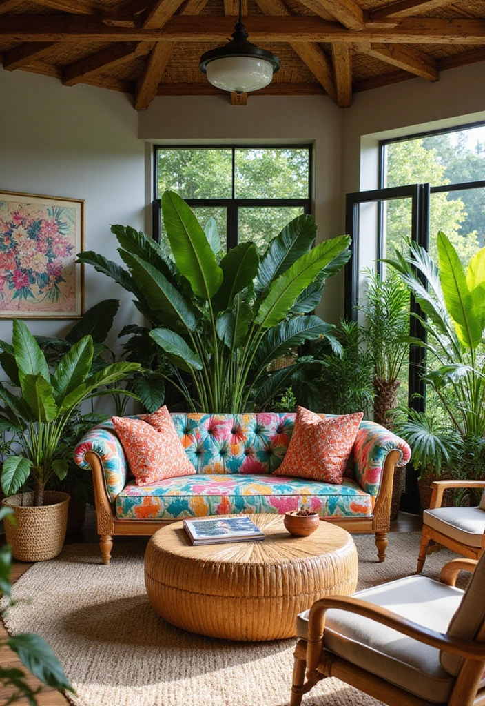 29 Tufted Sofa Living Room Ideas That Feel Plush and Elegant - 20. Tropical Escape with Bright Patterns