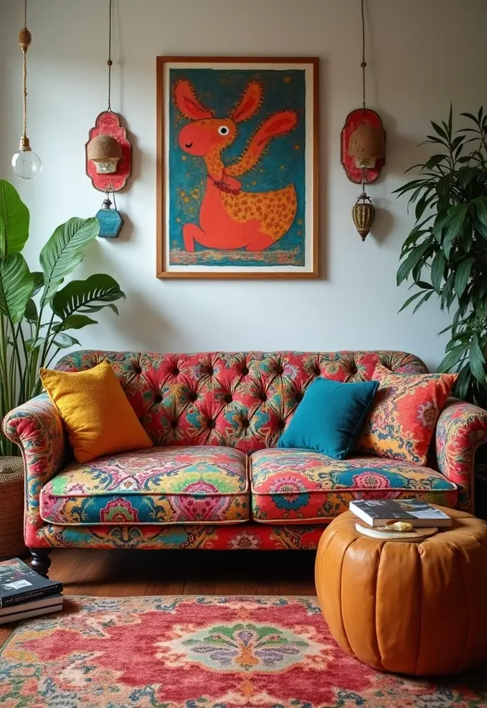 29 Tufted Sofa Living Room Ideas That Feel Plush and Elegant - 22. Artistic Flair with Unique Patterns