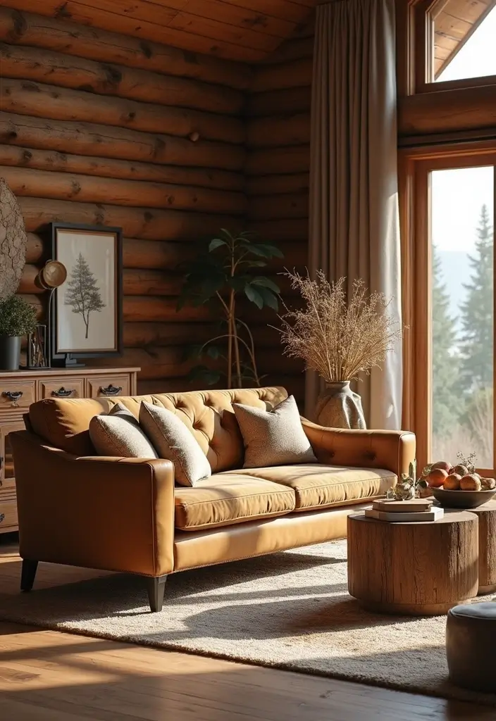 29 Tufted Sofa Living Room Ideas That Feel Plush and Elegant - 23. Cozy Cabin Charm with Earthy Textures