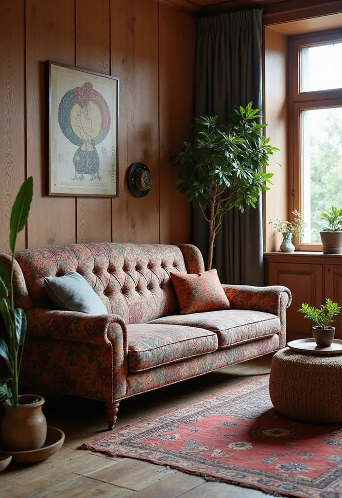 29 Tufted Sofa Living Room Ideas That Feel Plush and Elegant - 24. Fusion Style with Cultural Elements