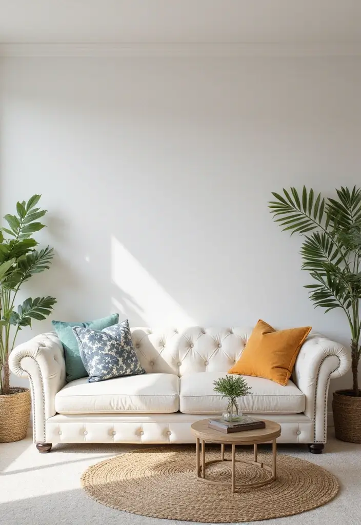 29 Tufted Sofa Living Room Ideas That Feel Plush and Elegant - 25. Fresh and Clean with Bright Whites