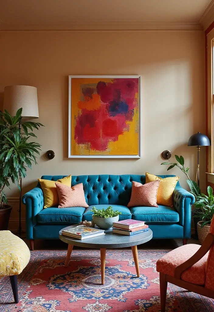29 Tufted Sofa Living Room Ideas That Feel Plush and Elegant - 28. Vibrant Eclectic with Bold Colors