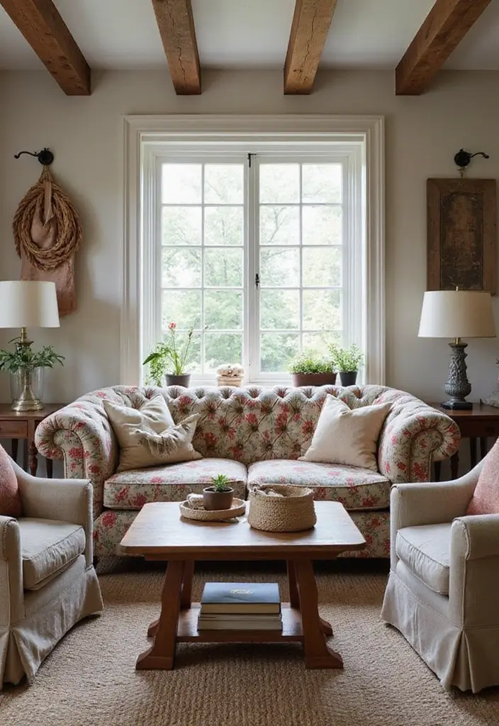 29 Tufted Sofa Living Room Ideas That Feel Plush and Elegant - 3. Cozy Cottage Vibes with Patterned Fabrics